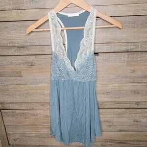 Fleur’t Intimates Belle Époque Lace T-Back Chemise Blue and Cream Size M/L